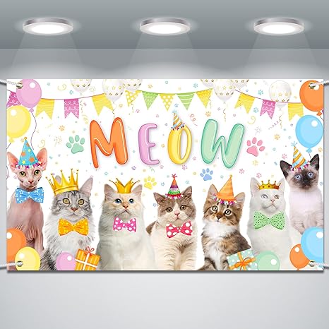 Cat Happy Birthday Backdrop Meow Kitten Photography Background Cat Birthday Party Supplies Cat Party Decorations Photo Backdrop for Pets Cat Owner Children Kids Cat Theme Birthday Party