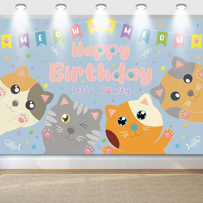 Cat Happy Birthday Backdrop, Lets Pawty Backdrop, Cat Birthday Party Decorations Kitten Birthday Party Supplies for Pets, Kitty Lover, Kids, Cat Theme Birthday Party Supplies