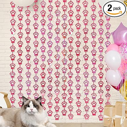 Cat Birthday Decorations, 2 Pack Pink Cat Paw Party Supplies 3.3x6.6 ft Foil Fringe Curtains Tinsel Photo Booth Props Streamer Backdrop for Pet Themed Party Favors & Kids Doorway Room Decor