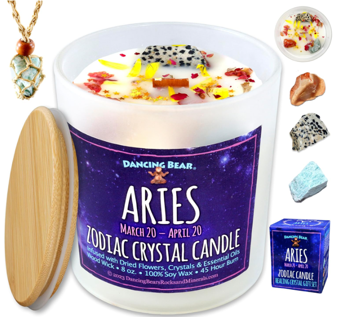 bout this item
✅8 oz. 100% Soy wax provides 45 hours of burn time. Dried rose and calendula flower petals and essentials oils are added for the ultimate aromatherapy experience.
✅The 3 Healing Crystals (each measure approx. 1") included in the candle are chosen especially for Aries: Carnelian, dalmatian jasper, and amazonite. Instructions, photos of the crystals, and their metaphysical properties are printed on the back of the gift box.
✅Light the premium wood wick and listen to the crackling wood-fire sound effects. To ensure your candle burns smoothly, when lighting for the first time, keep the candle lit until the wax is allowed to melt to the edges of the frosted glass jar (about 3-4 hours). Watch as the metallic star confetti sparkles in the candlelight.
✅Carefully retrieve the crystals after the wax melts and rinse them in warm water if needed. Wear the crystals in the stone-holder necklace or keep nearby to experience the healing energy throughout the day. The bamboo lid can be used to cover the candle when not in use or can be used as a display for the crystals.
🎁Beautifully boxed and ready to gift for all occasions: birthdays, holidays and special events. The perfect gift for all of the Arians in your life!