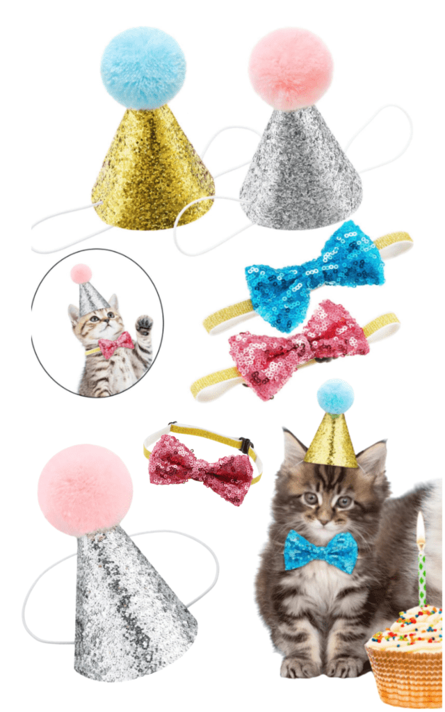 SATINIOR 4 Pieces Cat Birthday Hat and Bowtie Cute Reusable Dog Pet Headwear Adjustable and Collar Dog Headband Topper for Cat and Small Medium Dogs (Lake Blue and Pink)