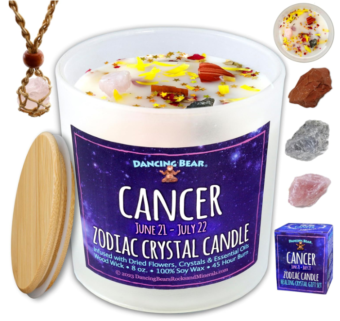 ✅8 oz. 100% Soy wax provides 45 hours of burn time. Dried rose and calendula flower petals and essentials oils are added for the ultimate aromatherapy experience.
✅The 3 Healing Crystals (each measure approx. 1") included in the candle are chosen especially for Cancer: Red jasper, labradorite, and rose quartz. Instructions, photos of the crystals, and their metaphysical properties are printed on the back of the gift box.
✅Light the premium wood wick and listen to the crackling wood-fire sound effects. To ensure your candle burns smoothly, when lighting for the first time, keep the candle lit until the wax is allowed to melt to the edges of the frosted glass jar (about 3-4 hours). Watch as the metallic star confetti sparkles in the candlelight.
✅Carefully retrieve the crystals after the wax melts and rinse them in warm water if needed. Wear the crystals in the stone-holder necklace or keep nearby to experience the healing energy throughout the day. The bamboo lid can be used to cover the candle when not in use or can be used as a display for the crystals.
🎁Beautifully boxed and ready to gift for all occasions: birthdays, holidays and special events. The perfect gift for all of the Cancerians in your life!