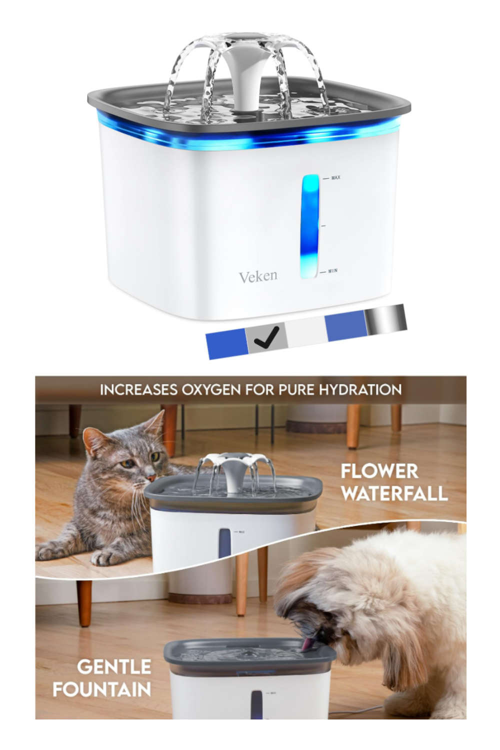 Veken 95oz/2.8L Pet Fountain, Automatic Cat Water Fountain Dog Water Dispenser with Replacement Filters for Cats, Dogs, Multiple Pets (Grey, Plastic)