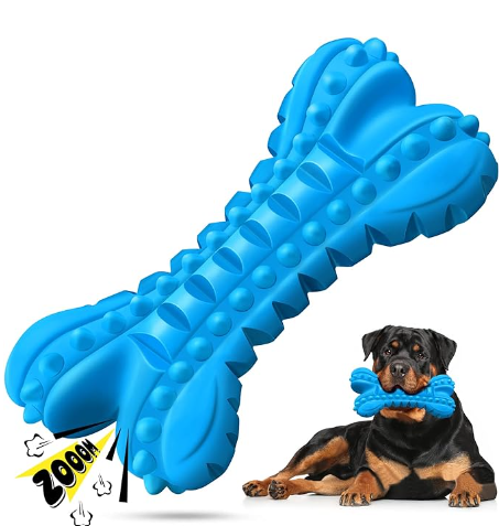 DOG CHEW TOYS FOR AGGRESSIVE CHEWERS: All dogs love bones, the non-toxic natural rubber large dog toys featured with sawtooth edges make dog chew bones stretch easily that drive dogs crazy. Pet toys with special textures makes toys for dogs have extreme flexibility and strength to 360 degrees of deformation, the stronger chewing force, the greater rebound to resist aggressive chewing. Durable dog toys for aggressive chewers weight between 20lb to 80lb to satisfy their chewing needs
NEARLY INDESTRUCTIBLE DOG SQUEAK TOY: Big dog toys with built-in squeaker would squeaky when bent, it designs to makes dogs get more excited at the key moment when chewing to obtain lasting entertainment and hardly to put it down. Agressive squeaky chewer toys for dogs keep them cheerful and help to consume extra energy, no worries about the separation anxiety or destroying your properties, as they already have the best dog toys. Heavy duty dog toy are great as pitbull toys, german shepherd toys
SAFE DOG TEETH CLEANING TOY: Natural rubber dog toy with light milk coconut scent have different shapes for multifunction, deep sawtooth outline are matching for shape of teeth, add with toothpaste to achieve effective teeth cleaning. Dots around help to gently massage gums, great designs to relieve discomfort during teething for puppies as puppy teething toys. Dog toothbrush toy without any sharp edges would not harm delicate oral skin, protect their oral health, cultivate proper chewing habits
INTERACTIVE DOG TOYS FOR SMALL TO LARGE DOGS: Squeaky dog toy for aggressive chewers is easy clean by water, great as indoor and outdoor dog toys, dog yard toys. Strong dog toys with neat texture and playful shapes are suit for put peanut butter to as dog training toys for rewards. Dog toys for medium dogs and large breed are perfect dog interactive toys and dog dental chew toy to bond dogs and owners through by play games of fetching or running to keep their mental and physical health
GREAT CHOICE FOR DOGS: The dog chews for aggressive chewers for dog to enjoy long lasting entertainment, best tough chew toys for dogs as dog birthday toy or festival present for your fur friends and dog owners. If your dogs are extremely aggressive chewers, please only play the dog teething toys under supervision. We are confident with our premium tough dog toys and dog bones for aggressive chewers, offer 30 days money-back guarantee for the big dog toys