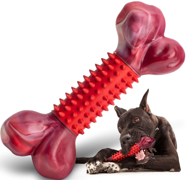 Nylon & Rubber 2 IN 1: Dog chew toy combines nylon and rubber, catering to even the most aggressive chewers. The rubber part can be easily destroyed by their vigorous chewing, and you can remove the destroyed rubber part and add peanut butter or other canine-favorite treats, add peanut butter to a nylon for a more challenging chewing experience for your dog.
MEETING THE INSTINCT NEEDS OF DOGS: dog chew toy will work for small medium and large breed dog puppies that weigh 20-70 pounds. Every dog likes bones, this heavy-duty dog toy bone for a paw-friendly grip so your love can quickly grab it and get a good chew going. There are few activities your canine companion loves more than chewing, the tough dog toys keep them mentally and physically stimulated.
DOG CHEW TOYS FOR AGGRESSIVE CHEWERS LONG LASTING: This dog chew toy for aggressive chewers large breed is strong enough for chewing. The product has passed more than 1,000 bite resistance tests of professional equipment. Specially designed for 15-80lbs, strong, large, heavy, aggressive chewers, tough to destroy, and almost indestructible.
TOOTHBRUSH DOG TOYS: The middle part of this chew teething toys bone is designed with a teeth cleaning rubber brush that gentler on developing teeth, soft rubber dots help to gently massage gums, and provide relief for teething pain. Cleans teeth and freshens breath is a win for both you and dogs.
DOG TOYS TO KEEP THEM BUSY: Dogs can get bored, especially when left alone. When dogs suffer from loneliness or boredom, it may affect their life. Keep them busy for hours with chew dog toys. Interactive and stimulating dog toys are a great solution for bored dogs. To make things even more fun for your dog and make the playing time longer, you can apply a thin layer of peanut butter on the chew toy.