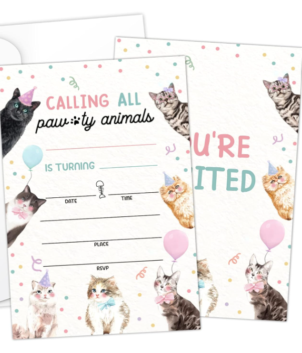 Cat Birthday Fill-in Invitations Cards with Envelopes (20 Count)，Pet Cute Kitty Cat Birthday Party Supplies Decorations, Birthday invites for Boys/Girls - A30