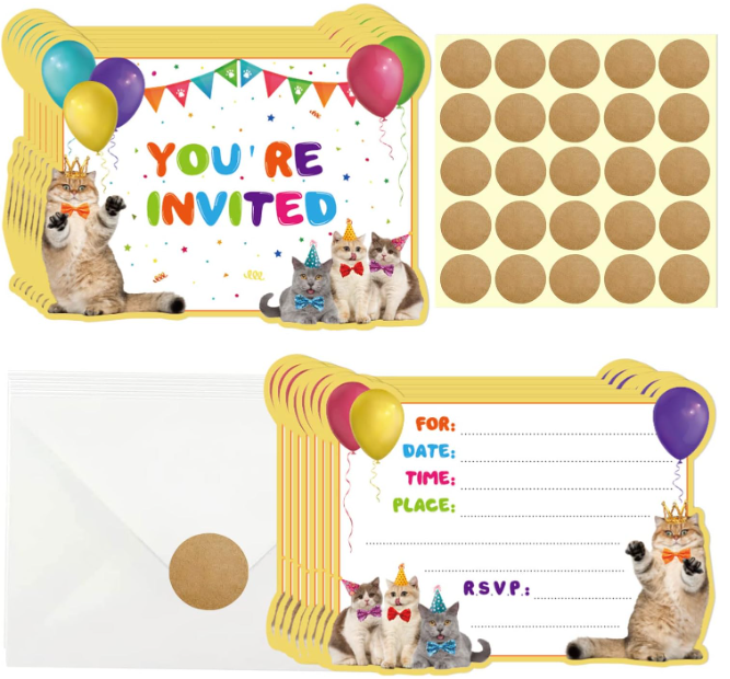 20 Pcs Cat Birthday Invitations, Kitten Party Invitations Cute Animal Birthday Party Invitation Cards With Sticker Labels 20 Envelope Birthday Invitations for Birthday Party Supplies