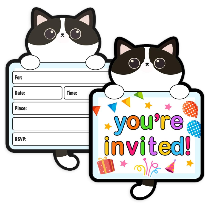 Cats Kids Birthday or Slumber Party Invitations, Baby Shower Invites, Kitty Sleepover Themed For Boys or Girls, Children or Toddler Bday Theme Supplies -30 Cards + 30 Envelopes