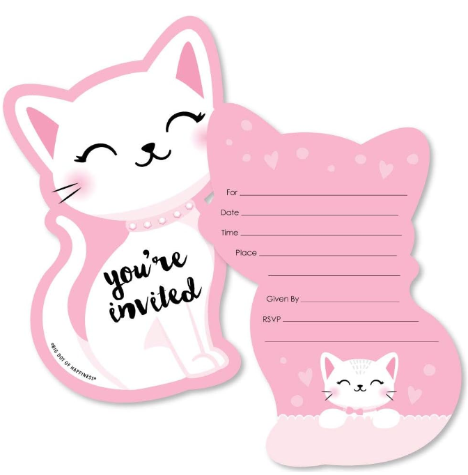 Big Dot of Happiness Purr-fect Kitty Cat - Shaped Fill-in Invitations - Kitten Meow Baby Shower or Birthday Party Invitation Cards with Envelopes - Set of 12