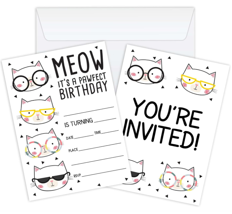 20 Cat Birthday Invitations with Envelopes, Kitten Pawty Fill - In Birthday Invite Cards for Boys & Girls, Teen, Kids, Birthday Celebration Supplies