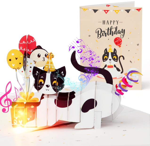 Birthday Cards, Light and Music Happy Birthday Card, Funny 3D Pop Up Cat Birthday Gift Greeting Cards for Women Men Kids Mom Dad Husband Wife boyfriend Daughter and Cat Lover