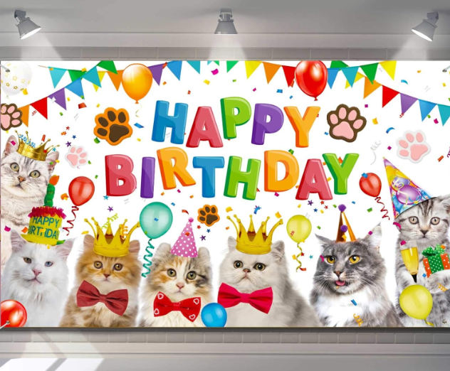 Cat Happy Birthday Backdrop Kitten Photography Background Pet Paw Cat Theme Party Photo Backdrop Birthday Party Decorations for Cat Owner Children Kids Cake Table Decorations