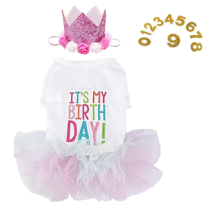 ANIAC Dog Birthday Dress and Hat Set Puppy Lace Tutu Pink Pet Crown Hat with 0-9 Figures Birthday Outfit for Cats Small Dog (White+Pink,X-Large)