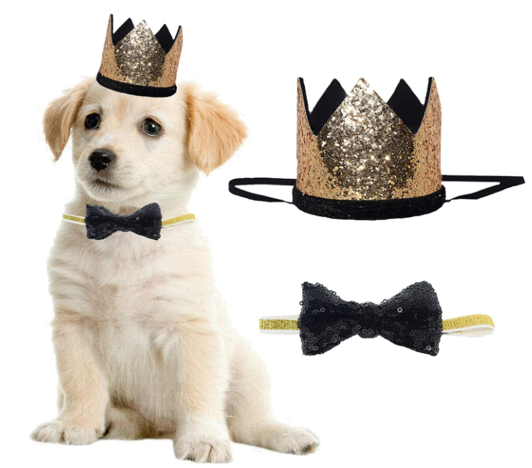 Cute Pet Birthday Crown Hat and Bow tie Collar Set for Dog Cat Birthday Party Supplies (Gold)