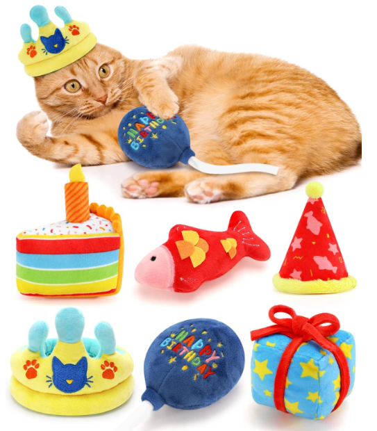 CiyvoLyeen 6Pcs Birthday Themed Catnip Toys Cat Birthday Gift Kitten Interactive Toys for Cat Lover Cake Crown Fish Soft Plush Catmint Pet Supplies Kitty Chew Kick Toys