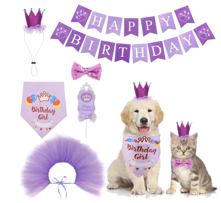 Dog Birthday Bandana Girl Boy 6Pcs Birthday Party Supplies - Tutu Skirt Crown Hat Scarf Tie Happy Birthday Banner Cake Topper Decorations Birthday Outfit for Pet Puppy Cat Purple