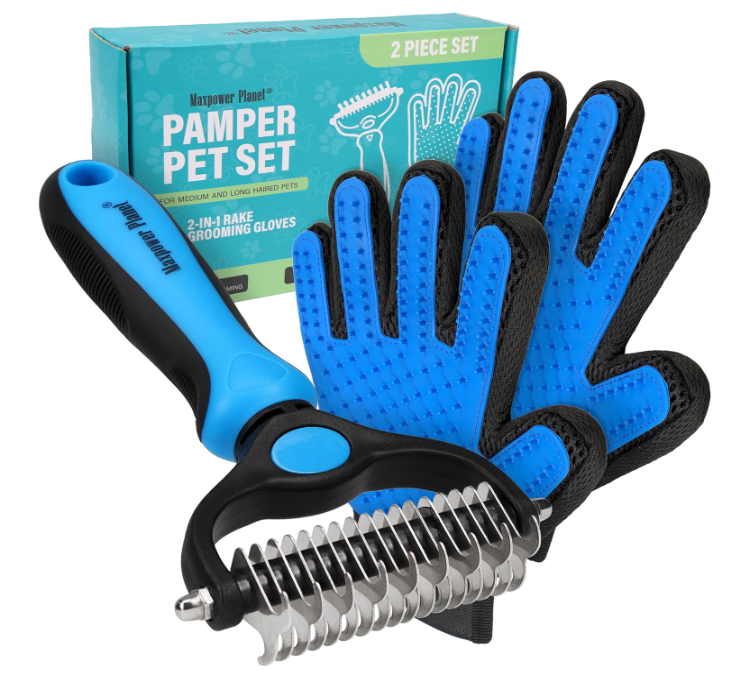 Maxpower Planet Pet Grooming Brush and 2X Grooming Gloves Combo - Double Sided Dematting, Deshedding Undercoat Rake for Dogs and Cats - Reduce Shedding Easily - Blue