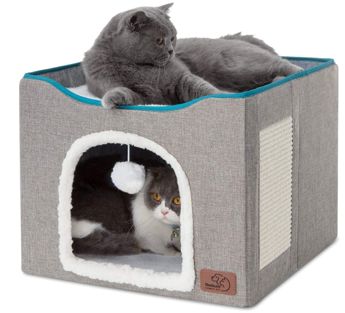 Bedsure Cat Beds for Indoor Cats - Large Cat Cave for Pet Cat House with Fluffy Ball Hanging and Scratch Pad, Foldable Cat Hideaway,16.5x16.5x13 inches, Grey