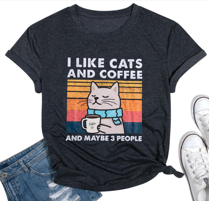 Cat Shirt I Like Cats and Coffee and Maybe 3 People Graphic T-Shirt Vintage Cat Lover Shirts Retro Coffee Lover Gift Tee Tops