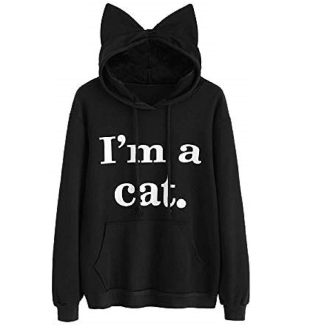 Women Girl Hoodies Cute Cat Ear Novelty Printed Pullover Sweatshirt