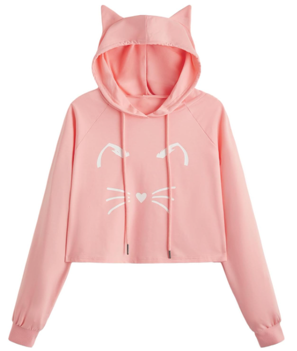 SweatyRocks Women's Long Sleeve Hoodie Crop Top Cat Print Sweatshirt