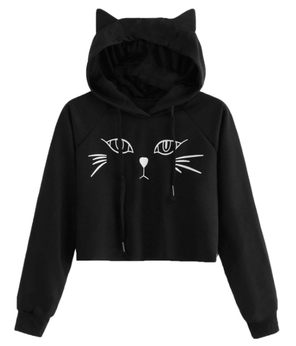 SweatyRocks Women's Long Sleeve Hoodie Crop Top Cat Print Sweatshirt