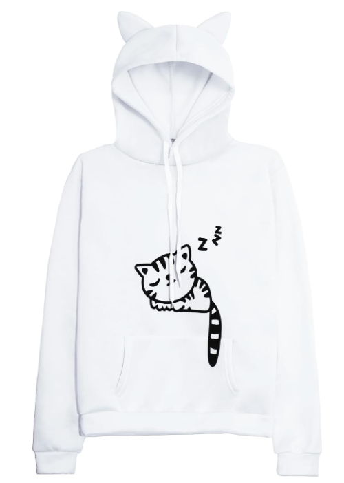 Women Teen Girls Cat Hoodie Sweatshirt Cute Cat Ear Sleeping Cat Printed Pullover Sweatshirt