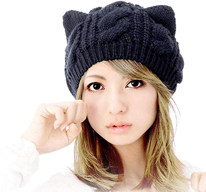 Amberetech Cute Woollike Knitted CAT Kitty Ears Women Lady Girl Headgear Crochet Hats