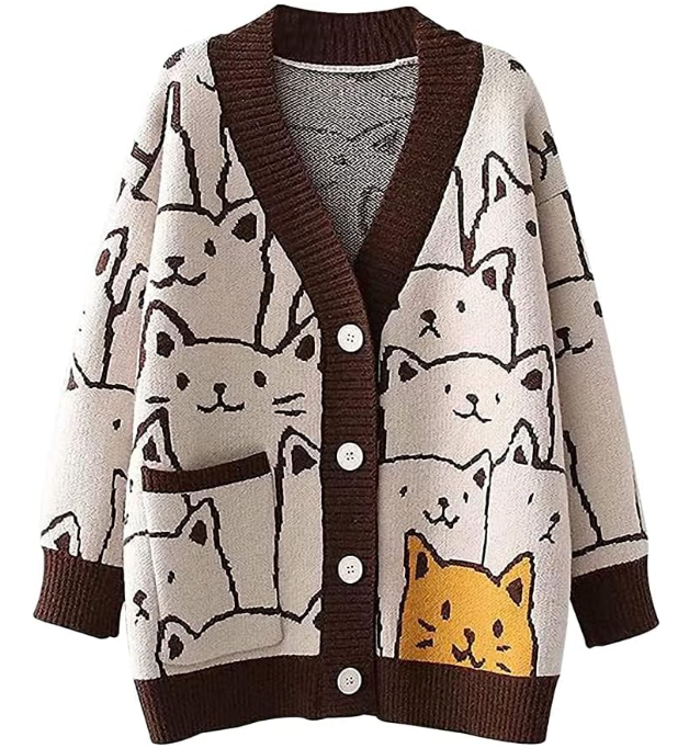 Arssm Cat Sweater for Women Oversized Button Down V Neck Cable Knit Sweater Cute Kawaii Cartoon Cardigan Coat