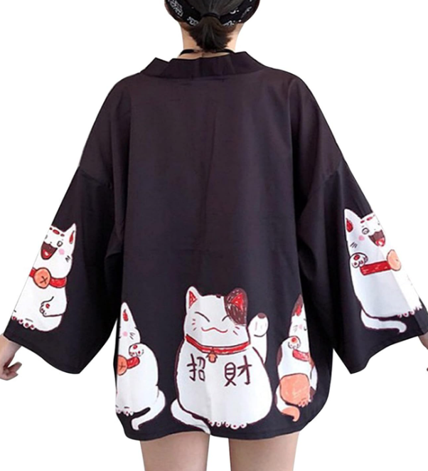 LAI MENG FIVE CATS Women's Lucky Cat Cardigan Kimono Loose Cover up Casual Blouse Cute Tops