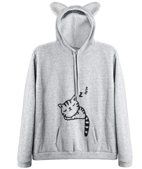 Women Teen Girls Cat Hoodie Sweatshirt Cute Cat Ear Sleeping Cat Printed Pullover Sweatshirt