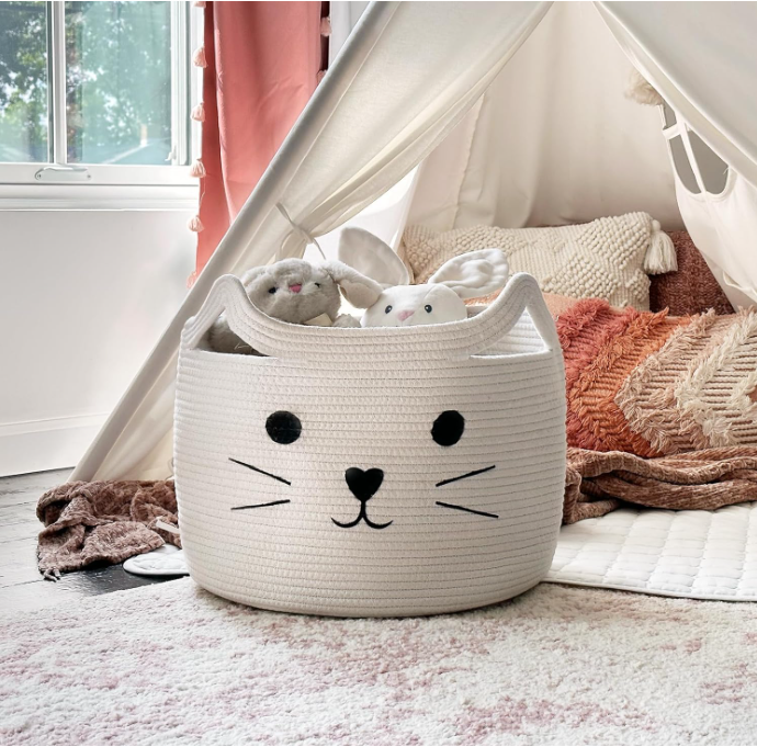 Large Woven Cotton Rope Storage Basket, Baby Laundry Basket Organizer for Towels, Blanket, Toys, Clothes, Gifts | Pet Gift Basket for Cat, Dog - 15.7" L×11.8" H