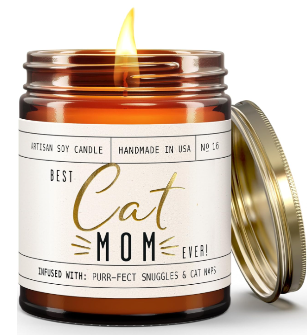 Cat Mom Gifts, Cat Gifts for Women Unique, Cat Lover Gifts for Women - 'Best Cat Mom Ever' Candle, w/Vanilla, Coconut & Vetiver I Cat Decor Themed I Cat Gifts for Cat Lovers I 50Hr Burn, USA Made