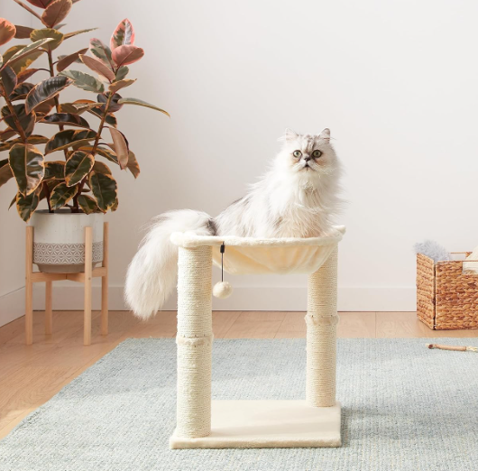 Amazon Basics Cat Tower with Hammock and Scratching Posts for Indoor Cats, 15.8 x 15.8 x 19.7 Inches, Beige