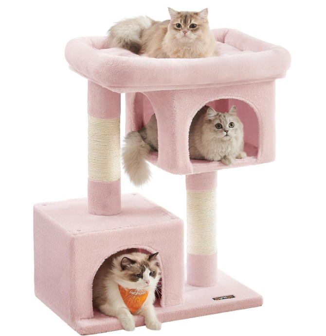 Feandrea Cat Tree, 33.1-Inch Cat Tower, L, Cat Condo for Large Cats up to 16 lb, Large Cat Perch, 2 Cat Caves, Scratching Post, Jelly Pink UPCT061P01