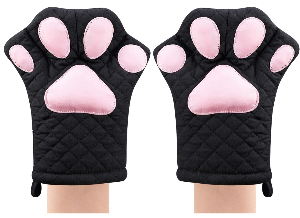 Oven Mitts,Cat Design Heat Resistant Cooking Glove Quilted Cotton Lining- Heat Resistant Pot Holder Gloves for Grilling & Baking Gloves BBQ Oven Gloves Kitchen Tools Gift Set BBQ,Microwave (Black)