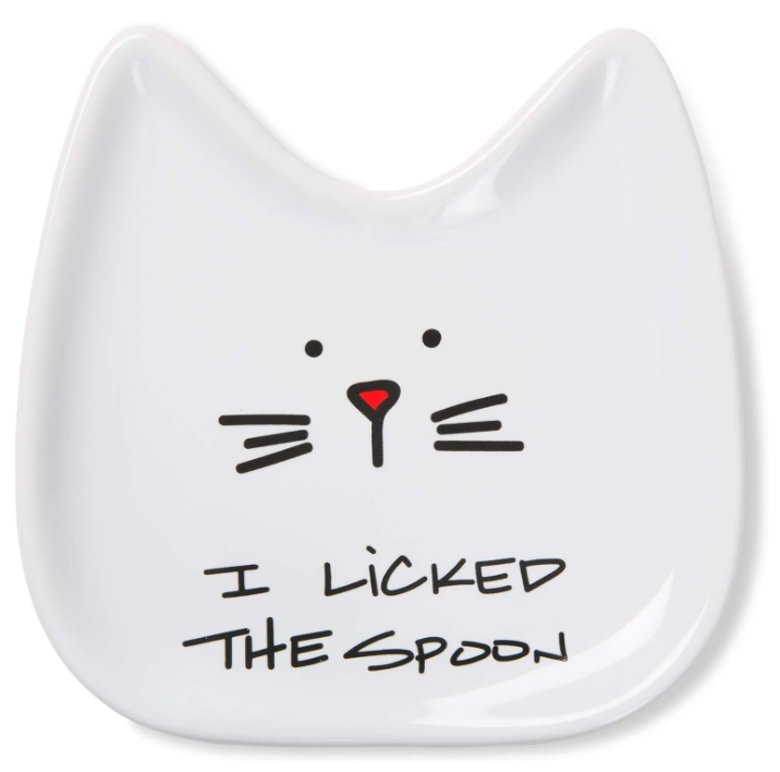 Pavilion Blobby Cat Spoon Rest - Ceramic Cat Spoon Holder with "I Licked the Spoon" Text Design - Cute Cat Themed Utensil Holder & Kitchen Accessories, Ideal for Cat Lovers - White, 5"