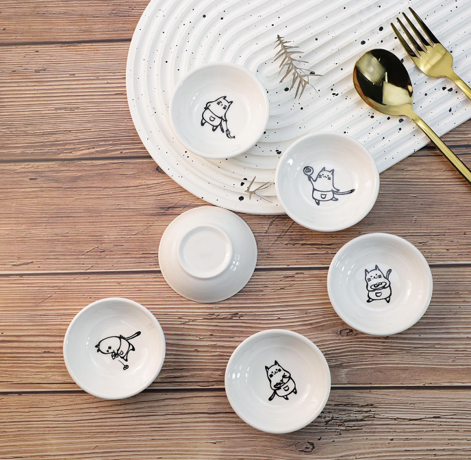 Super Cute Chef Cat Ceramic Sauce Dish/Seasoning Dish/Sushi Soy Dipping Bowl/Appetizer Plates/Serving Dish for Kitchen Home(Set of 6)