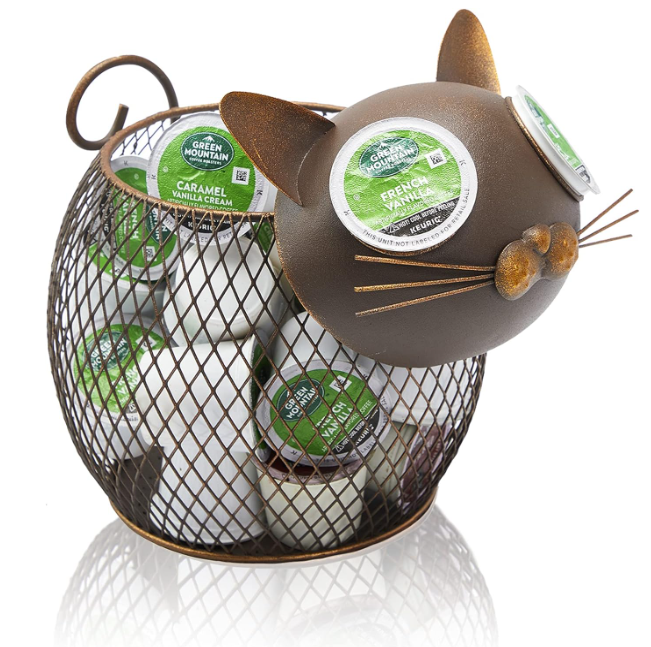 Aayla Cat K Cup Holder Metal Novelty Cat Coffee Pod Canister Large Capacity Basket Coffee Organizer for Kitchen Office and Coffee Bar