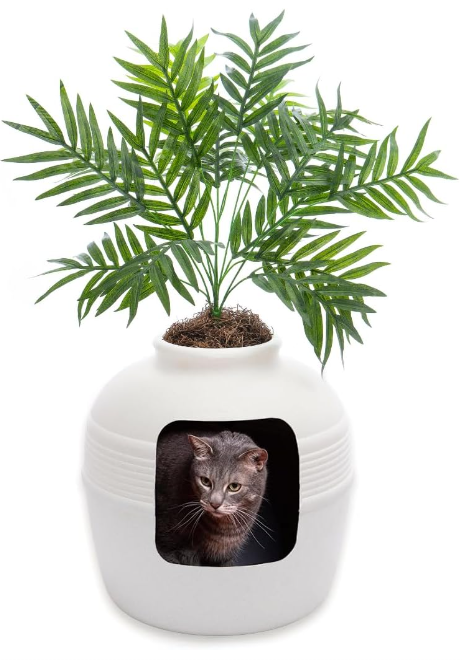 Good Pet Stuff, The Original Hidden Litter Box Base Kit, Round Enclosed Cat Litter Box Planter with Artificial Plants, Vented Carbon Odor Filter System, Florist Moss, Easy to Clean, White Birch