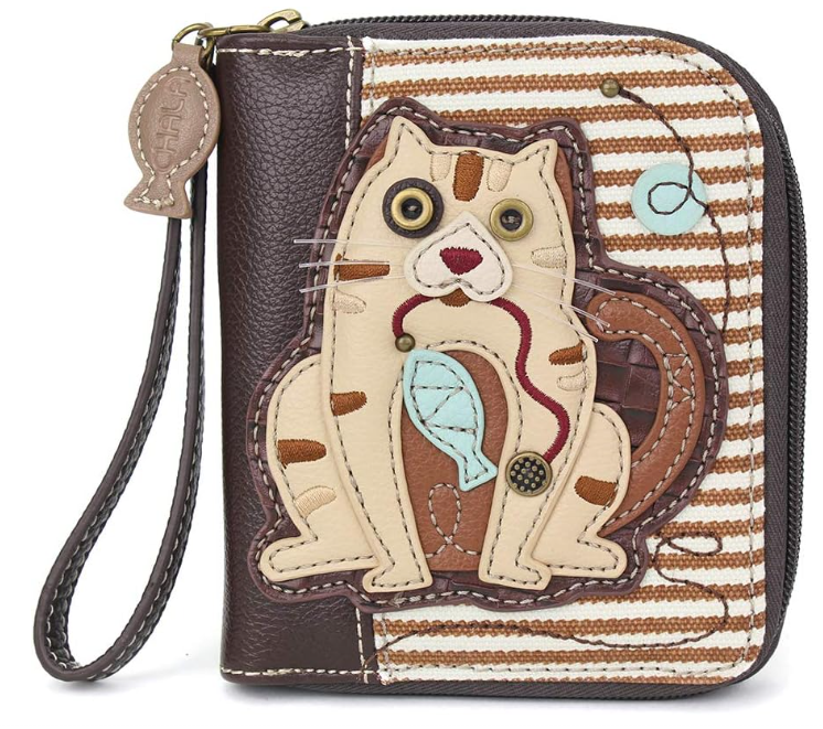 CHALA Zip Around Wallet, Wristlet, 8 Credit Card Slots, Sturdy Pu Leather - Cat Gen II - Brown Stripe