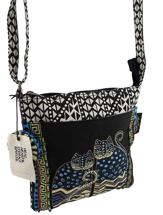 Laurel Burch LB4315 Crossbody Tote with Zipper Top, Spotted Cats Black