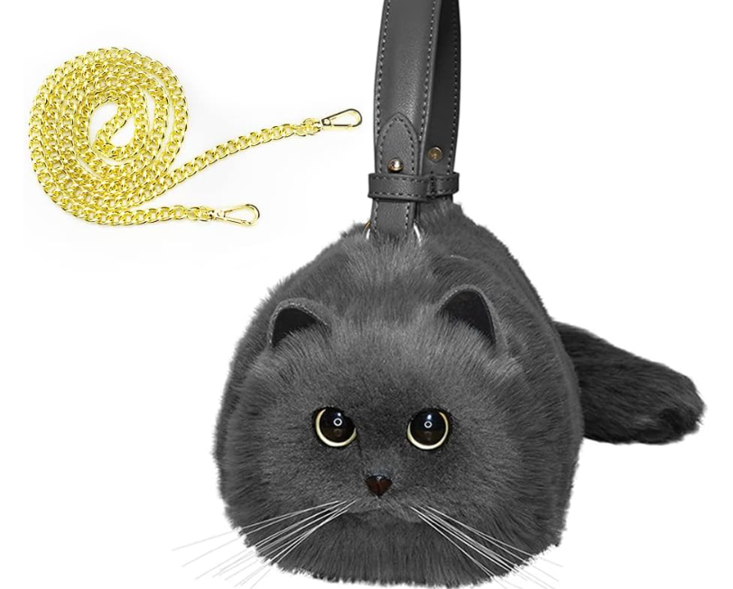 HUIJUFU Realistic Puffy Plush Cat Shaped Crossbody Handbag for Women