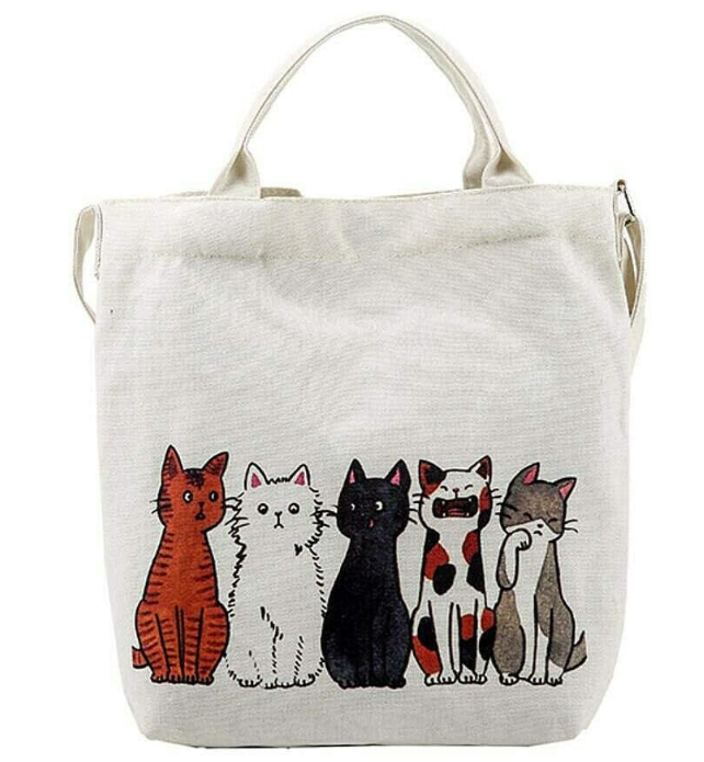 EatingBiting 12.60'' Women Cartoon Lucky Cats Canvas Tote Shopping Handbag Beach Purse Shoulder Bag