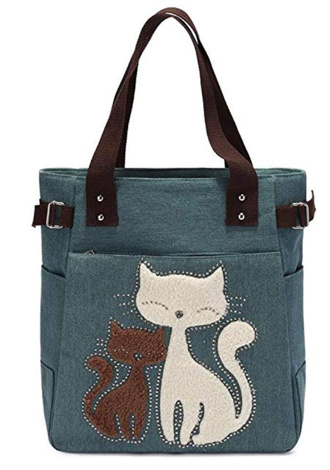 Valentoria Canvas Tote Handbag for Women Cute Cat Embroidery Shoulder Purse Large Zipper Travel Work Shopping Grocery Bags