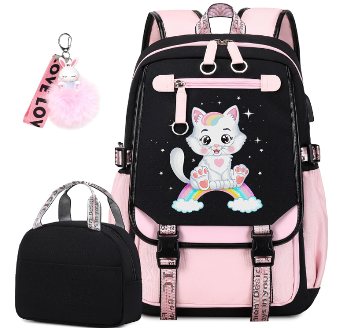 Bevalsa School Backpack for Girls, Pink Cat Pattern Girls Backpack with Lunch Box, Bookbag for Kids Elementary Middle Student