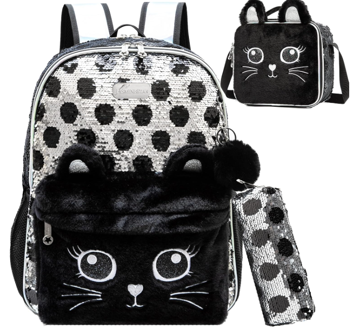 Meetbelify Cute Cat Backpack for Girls Sequin School Backpacks with Lunch Box for Elementary Students Kids Travel Bookbag Set 4 in 1