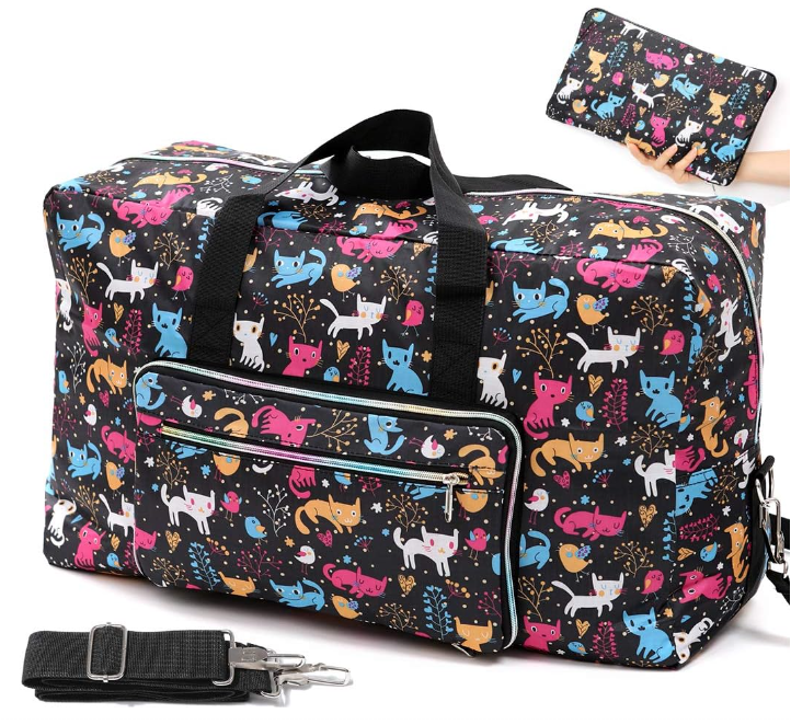 Foldable Travel Duffle Bag for Women Girls Large Cute Floral Weekender Overnight Carry On Bag for Kids Checked Luggage Bag (A-Color Cat)