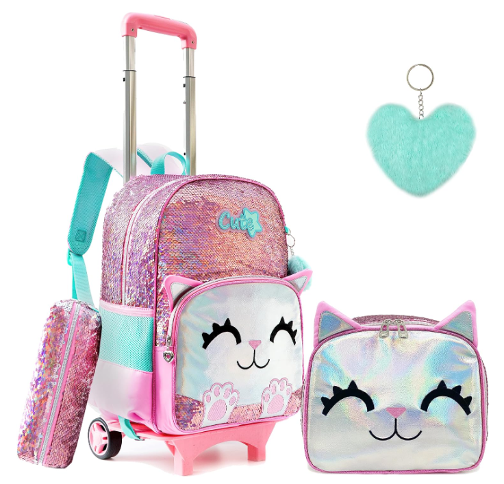 Backpack with Wheels for Girls Cute Rolling Pink Cat School Backpack Kids Sequin Roller Luggage Suitcase for Elementary Kindergarten Students with Lunch Box Pencil Case for Girls 5-12 Years Old