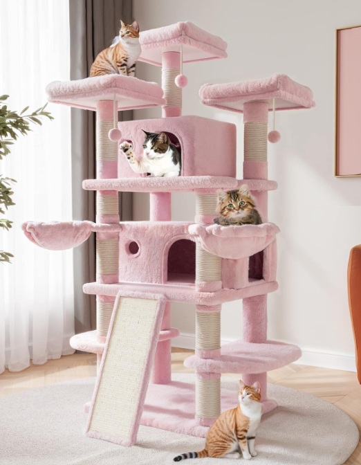 SHA CERLIN 68 Inches Multi-Level Large Cat Tree for Large Cats/Big Cat Tower with Cat Condo/Cozy Plush Cat Perches/Sisal Scratching Posts and Hammocks/Cat Activity Center Play House, Pink